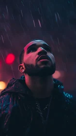 Midnight rain crowns a neon-lit dreamer in quiet awe