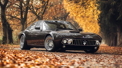 Maserati sports coupe in high-contrast autumn forest lighting.