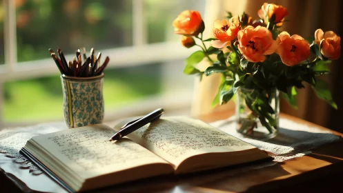 Sunlit Workspace: Literary Pursuits Amid Vibrant Orange Blooms.