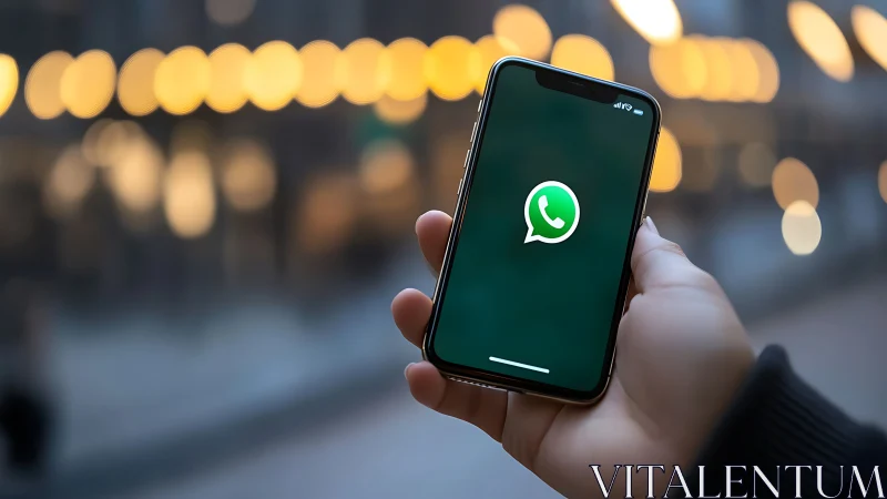 Smartphone displaying WhatsApp icon against bokeh city lights.