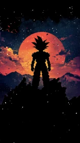 Stargazing warrior silhouette under a blazing cosmic sunset.