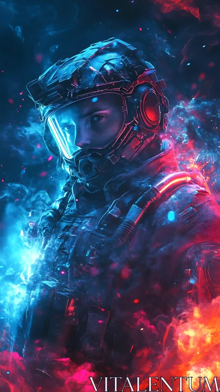 Futuristic space soldier stands amid blue and red nebula fire