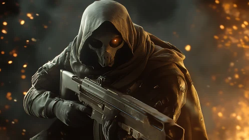 Hooded skeletal soldier with rifle amid floating embers.