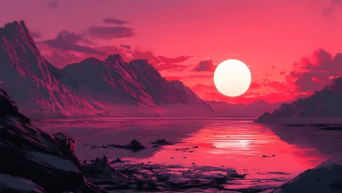 Crimson sun melting over quiet arctic mountain waters.