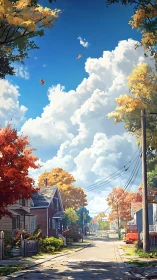 Cloud-drift suburb street under crisp storybook autumn sky.