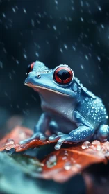 Blue tree frog with red eyes sitting on wet leaf in rain.
