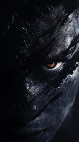 Burning eye pierces shadowed face with cracked darkness