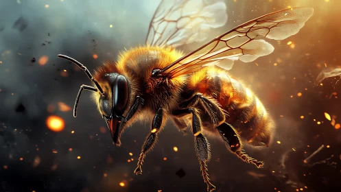 Highly detailed digital rendering depicts honeybee in flight