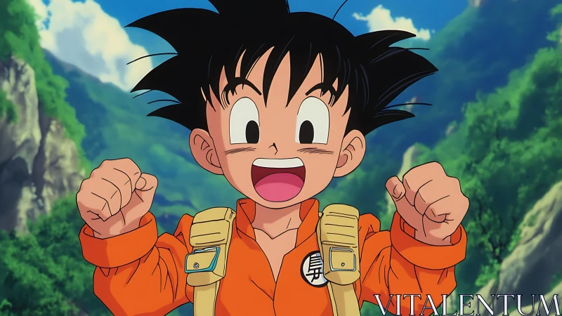 Anime boy in orange outfit smiles excitedly outdoors