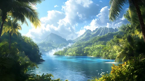Tropical Paradise Valley: Mountain-Framed Lagoon with Verdant Canopy.