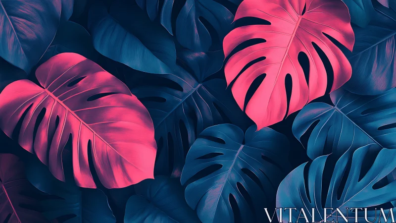 Monstera foliage pattern in cyan and magenta color scheme.