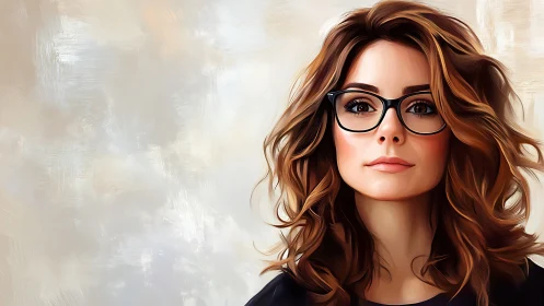 Portrait shows confident woman with glasses and wavy hair