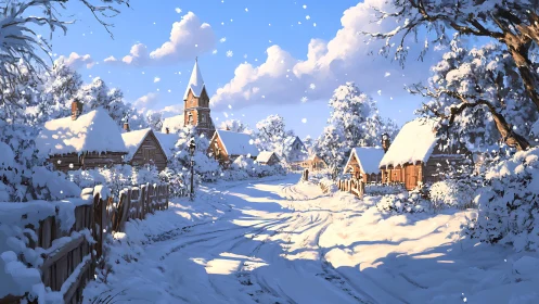 Snow covered village street curves toward distant church tower