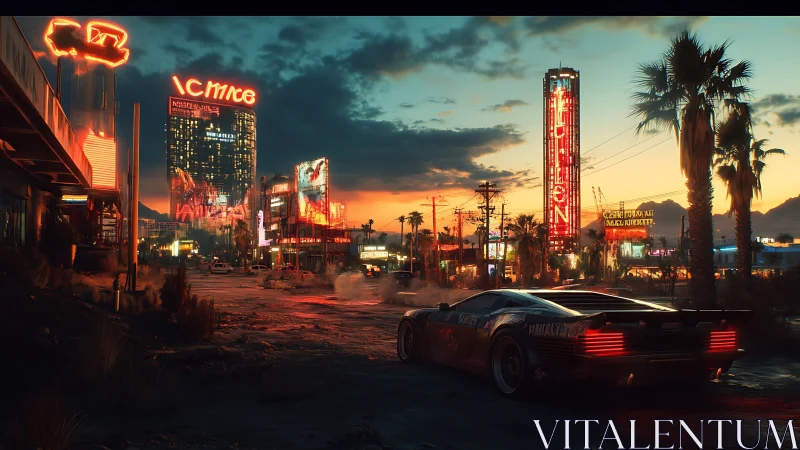 Neon dusk arterial with retrofuturist racer in vapor-lit smog.