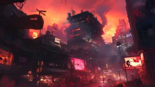 Burning cyberpunk cityscape under intense red sky.