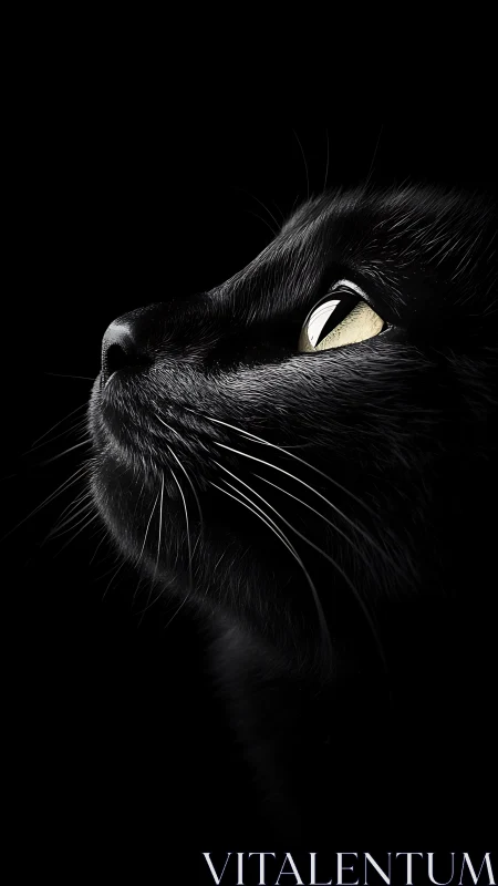 Black Cat Portrait with Striking Amber Eyes Against Dark Background.