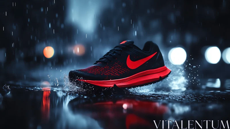 High-speed red running shoe splashing on rain-soaked asphalt