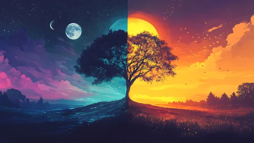 Solitary tree divides neon night and blazing sunrise.