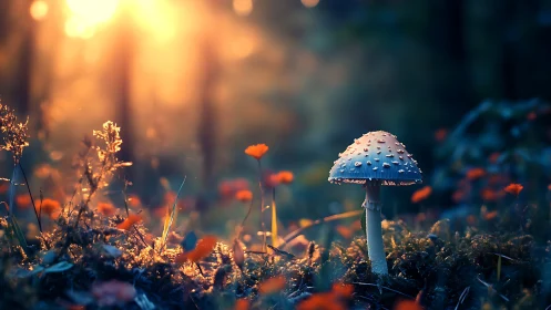 Sunlit forest mushroom amid blurred orange wildflowers.