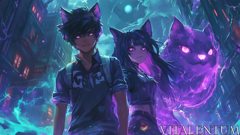 Neon alley cat-eared teens with spectral feline guardian
