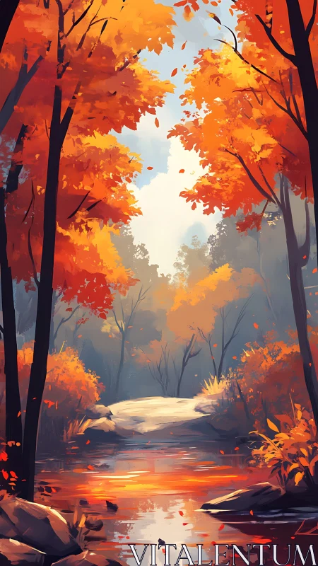 Autumn Forest Stream with Maple Foliage