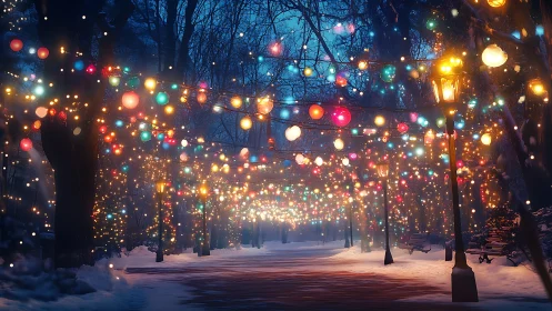 Snowy park pathway is illuminated by dense festive string lights