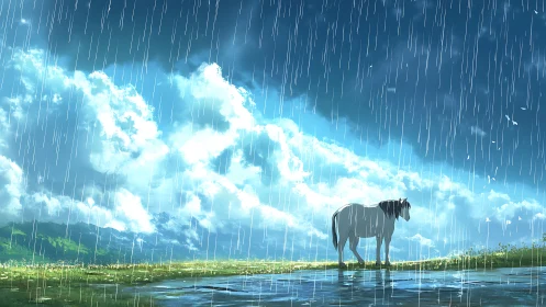 White horse stands under heavy rain beneath bright clouds