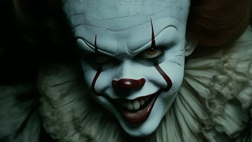 Sinister carnival grin glowing from the shadowed darkness.