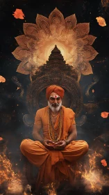 Mystic orange sage meditating before radiant temple mandala.