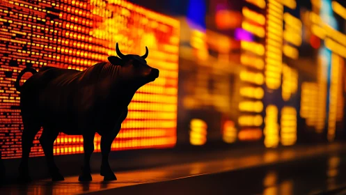 Bullish silhouette prowls beneath neon market numbers