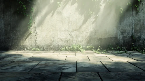 Sunlit concrete wall with tiled floor and sparse foliage.