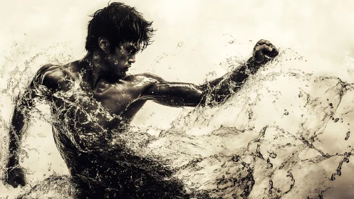 Powerful water-sculpted fighter in a moment of fierce focus.