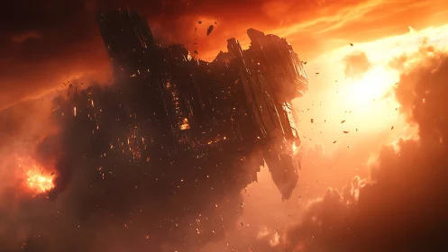 Cosmic Destruction: A Fiery Spaceship Crumbles in Flames.