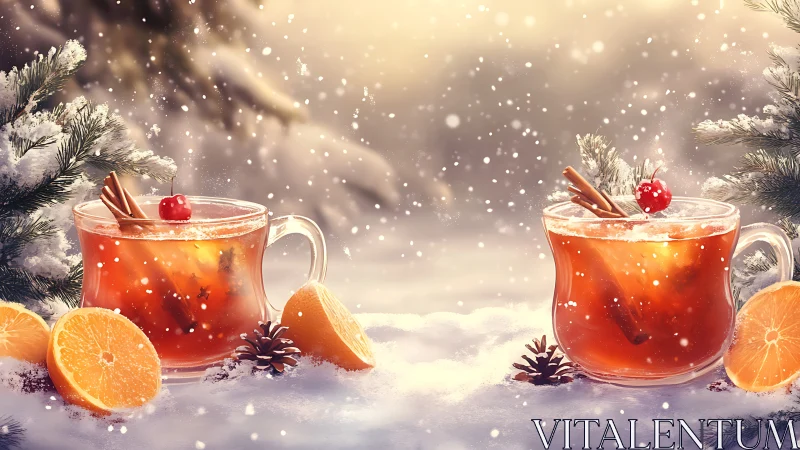 Winter citrus mulled tea with glass mugs in snowfall.