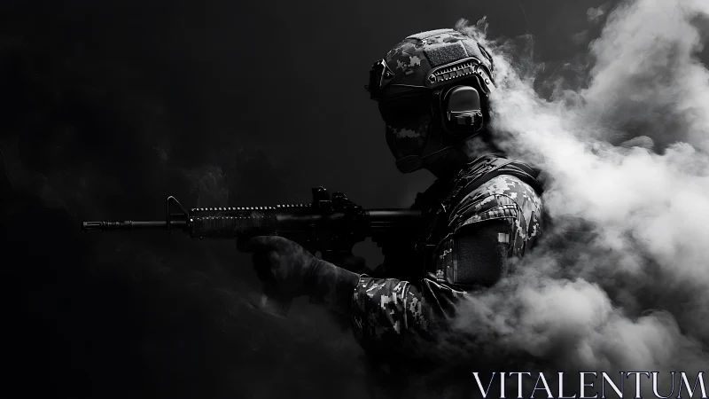 Soldier in tactical gear holding rifle and emerging from smoke