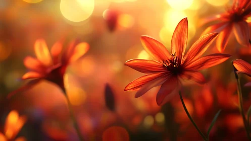 Red and orange daisies with warm bokeh background illumination.