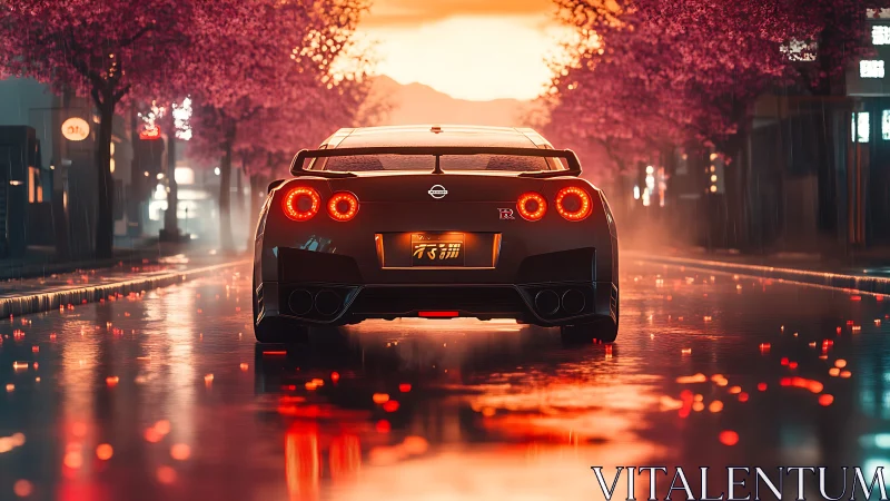 Nissan GT-R glows on neon city street at rainy sunset.
