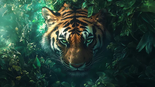 Tiger eyes pierce emerald jungle shadowed foliage