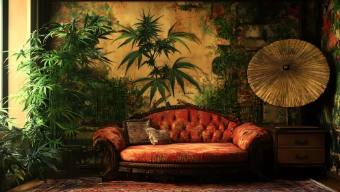 Velvet settee framed by lush cannabis mural and plants.