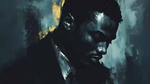 Somber male portrait rendered in moody blue brushstrokes