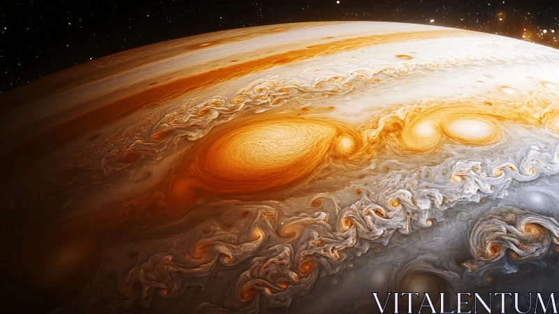 Jupiter storm bands rendered with luminous swirling vortices.
