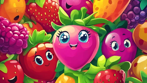 Smiling cartoon berries fill vibrant fruity character pattern.