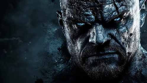 Cyber-noir portrait renders cracked warrior with glacial gaze