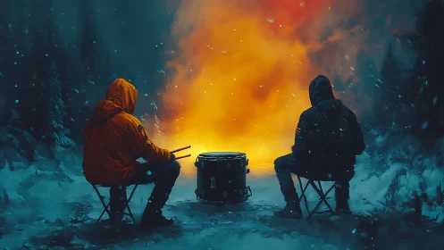 Hooded drummers facing fire in cinematic winter forest.
