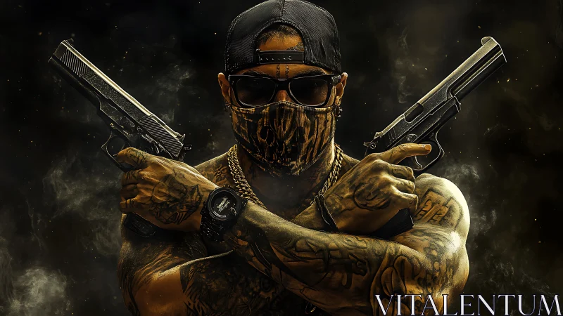 Masked urban antihero crossing shadows and steel.