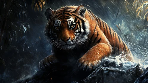 Tiger moves over wet rocks in rain with directional lighting