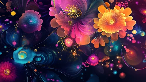 Neon fractal blooms swirl through deep cosmic darkness.