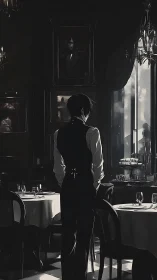 Waiter standing in dim restaurant interior near window.