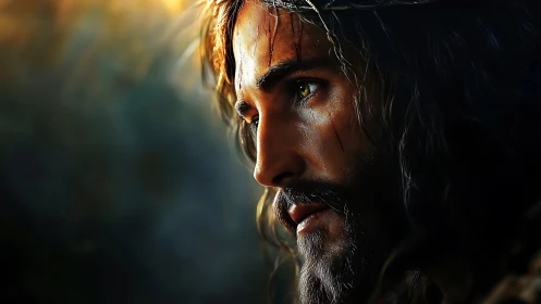 Sorrowful bearded man in crown of thorns, side-lit profile.