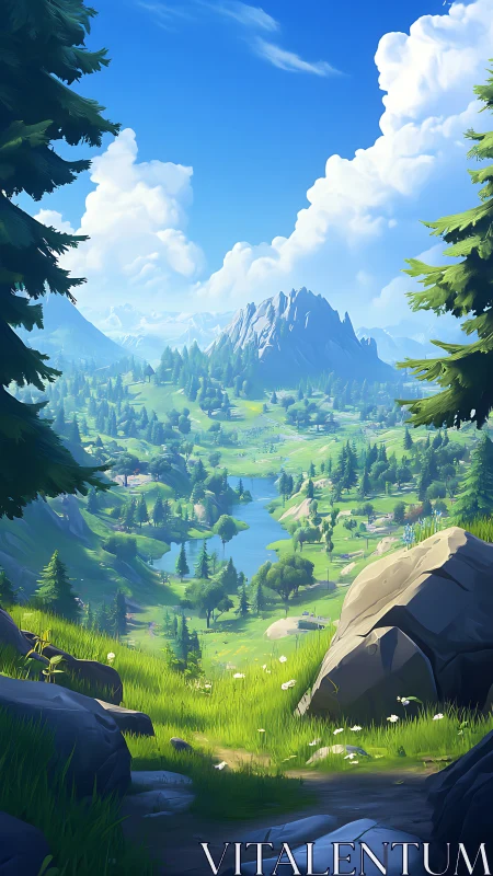 Mountain valley landscape viewed from forested hillside